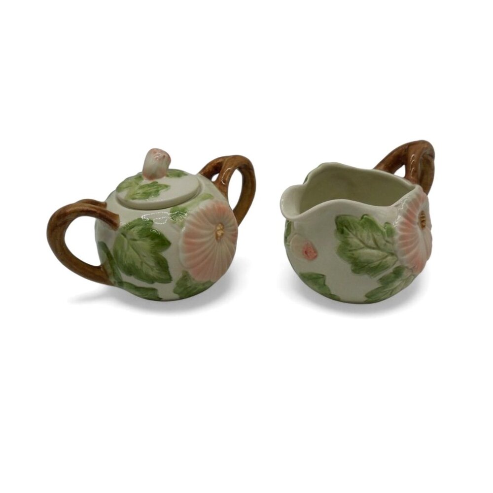FITZ and FLOYD Hibiscus Floral Sugar and Creamer Set 1987 Vintage